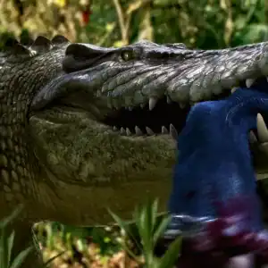 A giant alligator clamps down on a victim in Attack of the Meth Gator (2023), highlighting the film’s campy creature chaos.