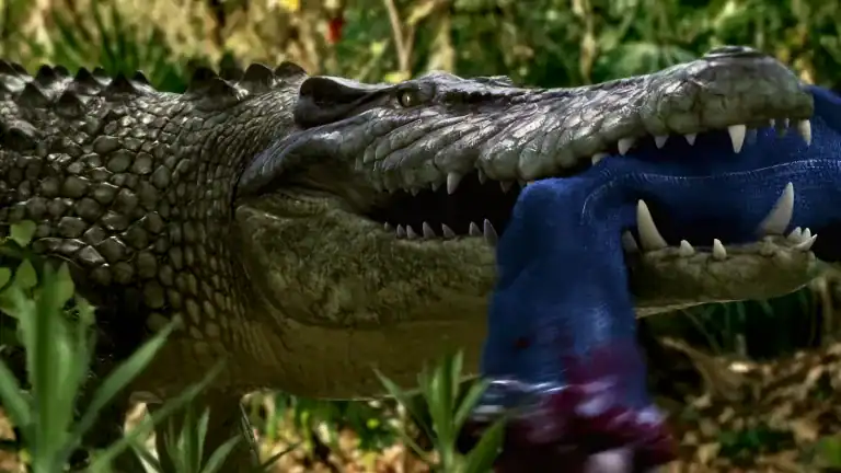 A giant alligator clamps down on a victim in Attack of the Meth Gator (2023), highlighting the film’s campy creature chaos.