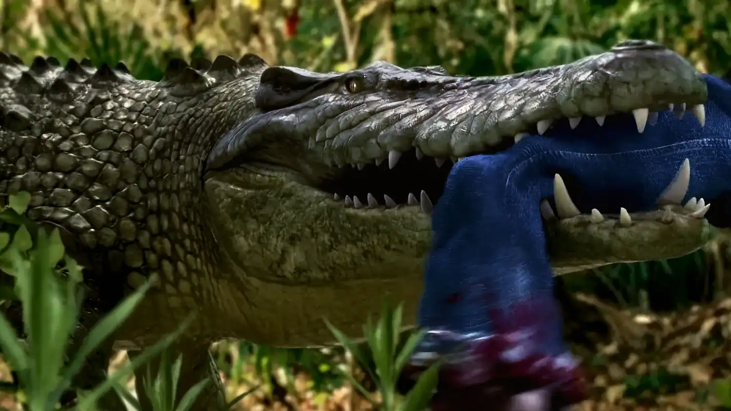 A giant alligator clamps down on a victim in Attack of the Meth Gator (2023), highlighting the film’s campy creature chaos.