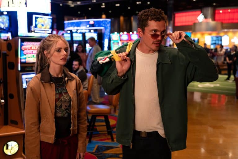 Randall Park, Samara Weaving, and Karl Glusman in Eenie Meanie (2025)