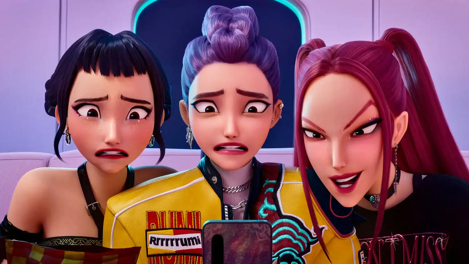 Huntr/x characters from KPop Demon Hunters reacting together, from Netflix’s most-watched Original film and recent box office sing-along hit.