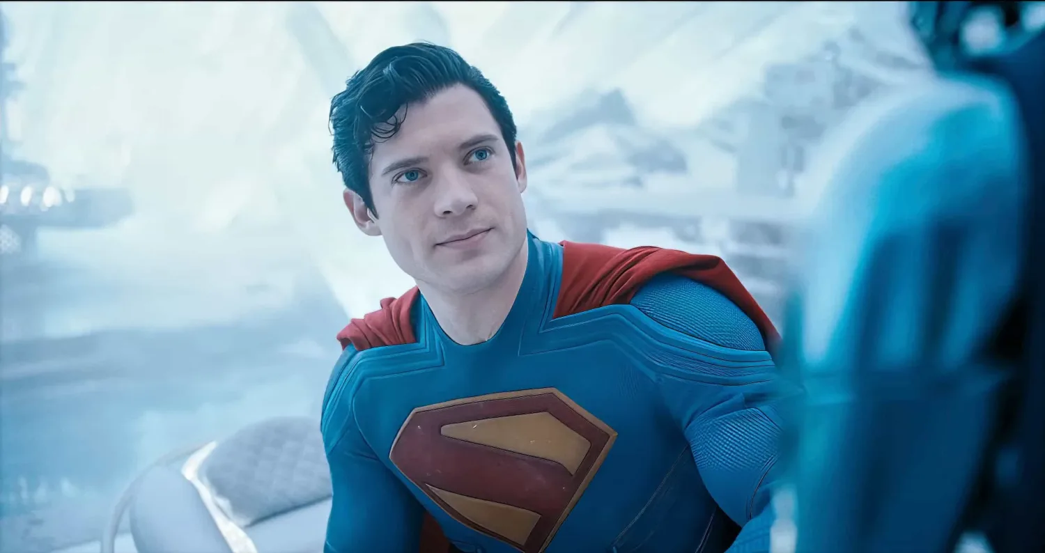 David Corenswet as Superman in James Gunn’s 2025 DC movie, wearing the classic red and blue suit inside the Fortress of Solitude.