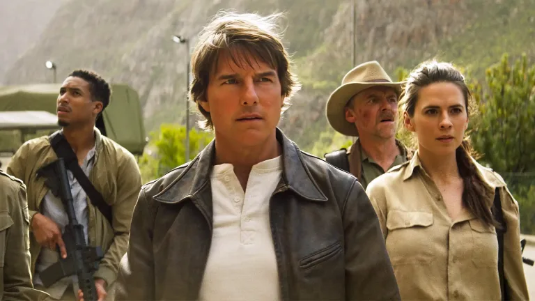 Tom Cruise as Ethan Hunt with Hayley Atwell, Simon Pegg, and team in Mission: Impossible – The Final Reckoning, now streaming on Prime Video