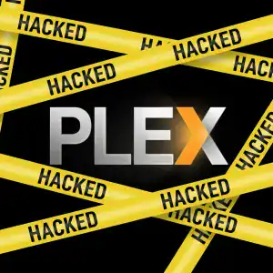 Plex logo covered with yellow hacked warning tape after the plex data breach.