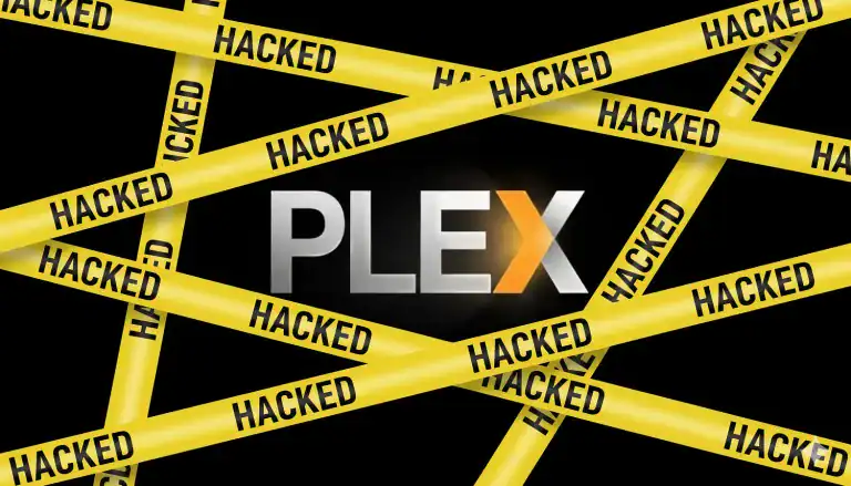Plex logo covered with yellow hacked warning tape after the plex data breach.