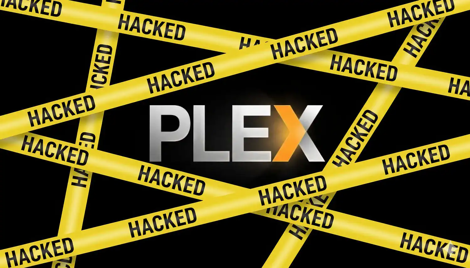 Plex logo covered with yellow hacked warning tape after the plex data breach.