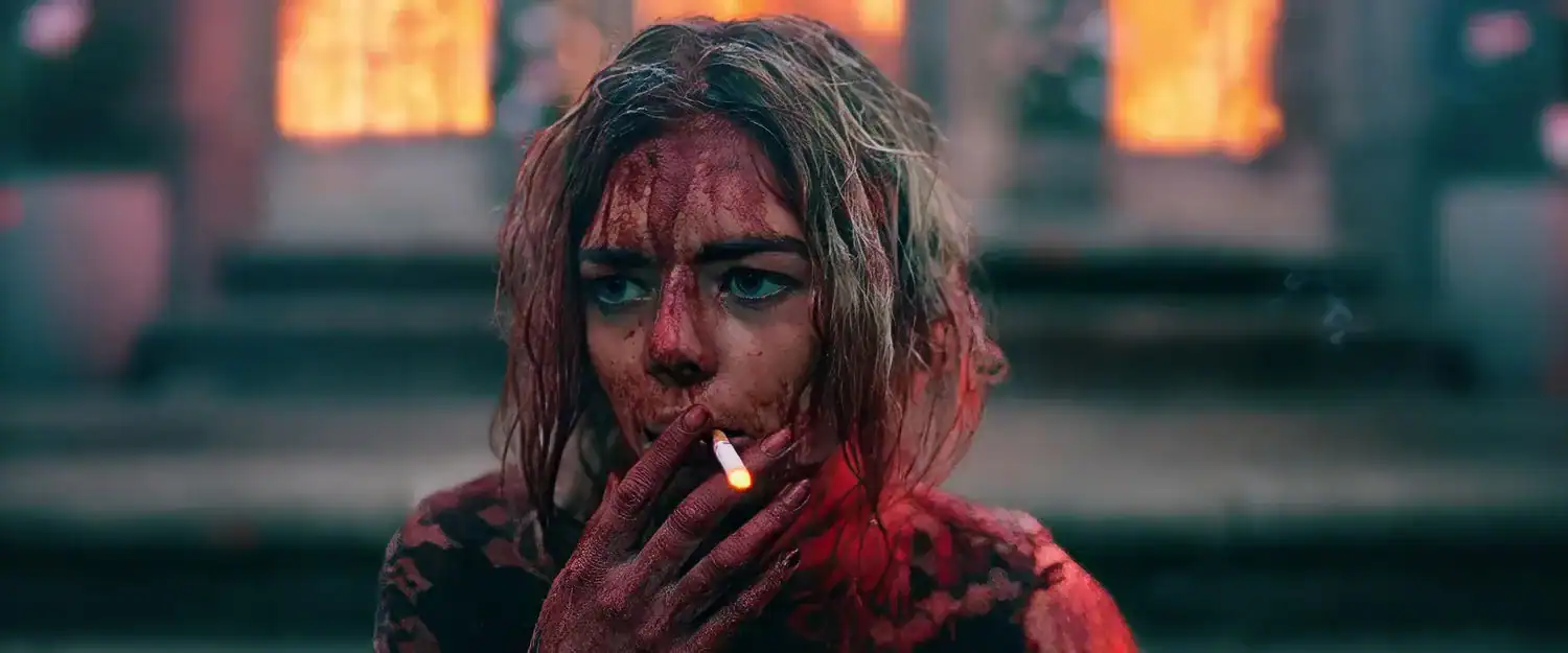 Samara Weaving bloodied and smoking in her torn wedding dress in Ready or Not picks up right from here in Ready Or Not 2: Here I Come.