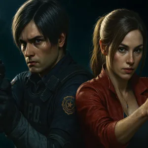 Resident Evil reboot AI-generated image with Leon Kennedy and Claire Redfield aiming weapons in the rain. Speculation is that the reboot will steer away from these characters and tell a fresh story.