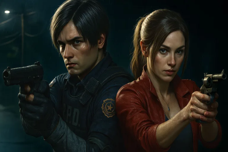 Resident Evil reboot AI-generated image with Leon Kennedy and Claire Redfield aiming weapons in the rain. Speculation is that the reboot will steer away from these characters and tell a fresh story.